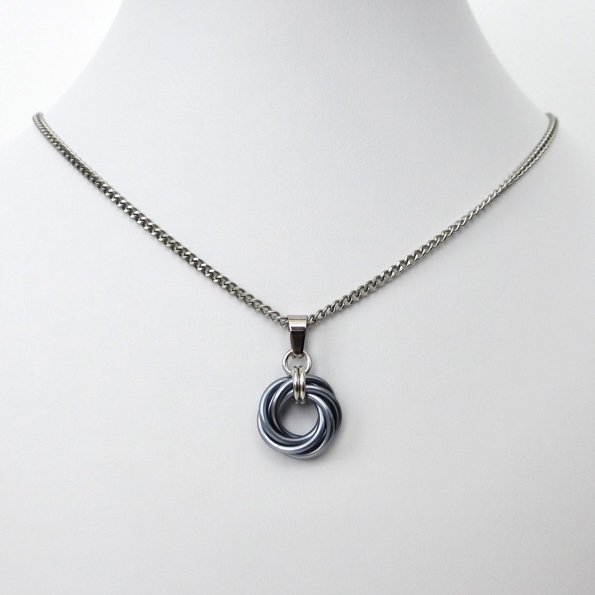 Gray pendant necklace, chainmail love knot, small circle minimalist jewelry