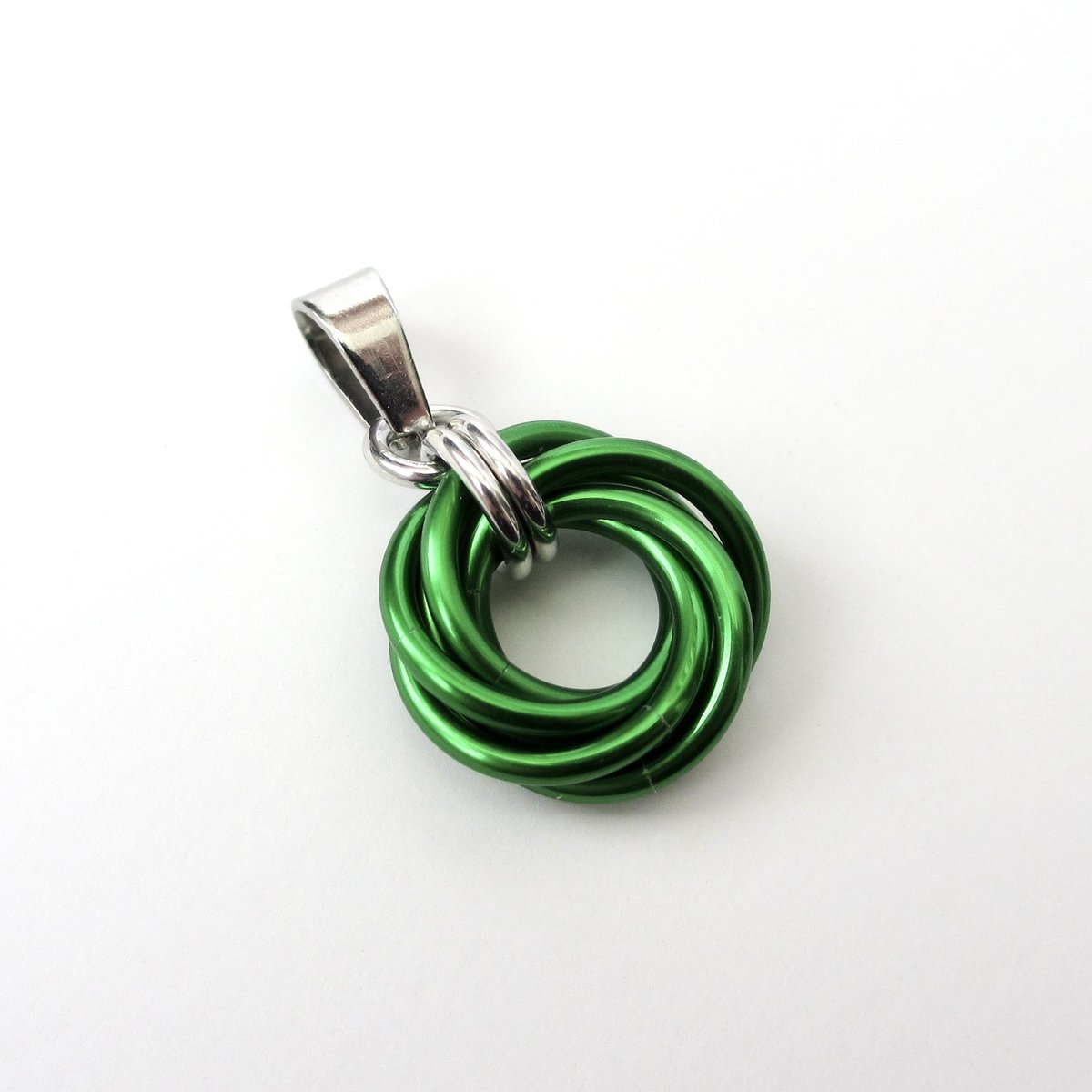 Shamrock green love knot chainmail pendant, small, simple minimalist jewelry for her