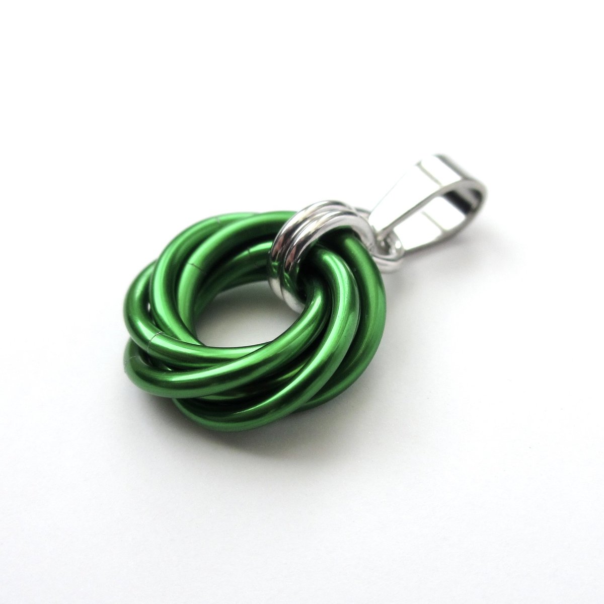 Shamrock green love knot chainmail pendant, small, simple minimalist jewelry for her