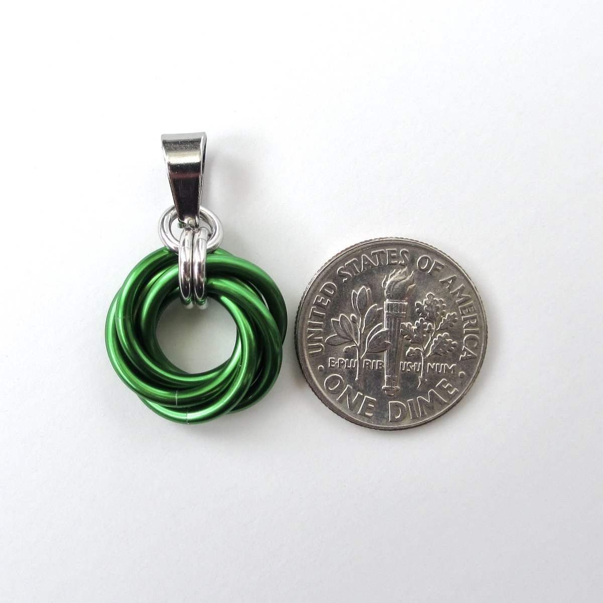Shamrock green love knot chainmail pendant, small, simple minimalist jewelry for her