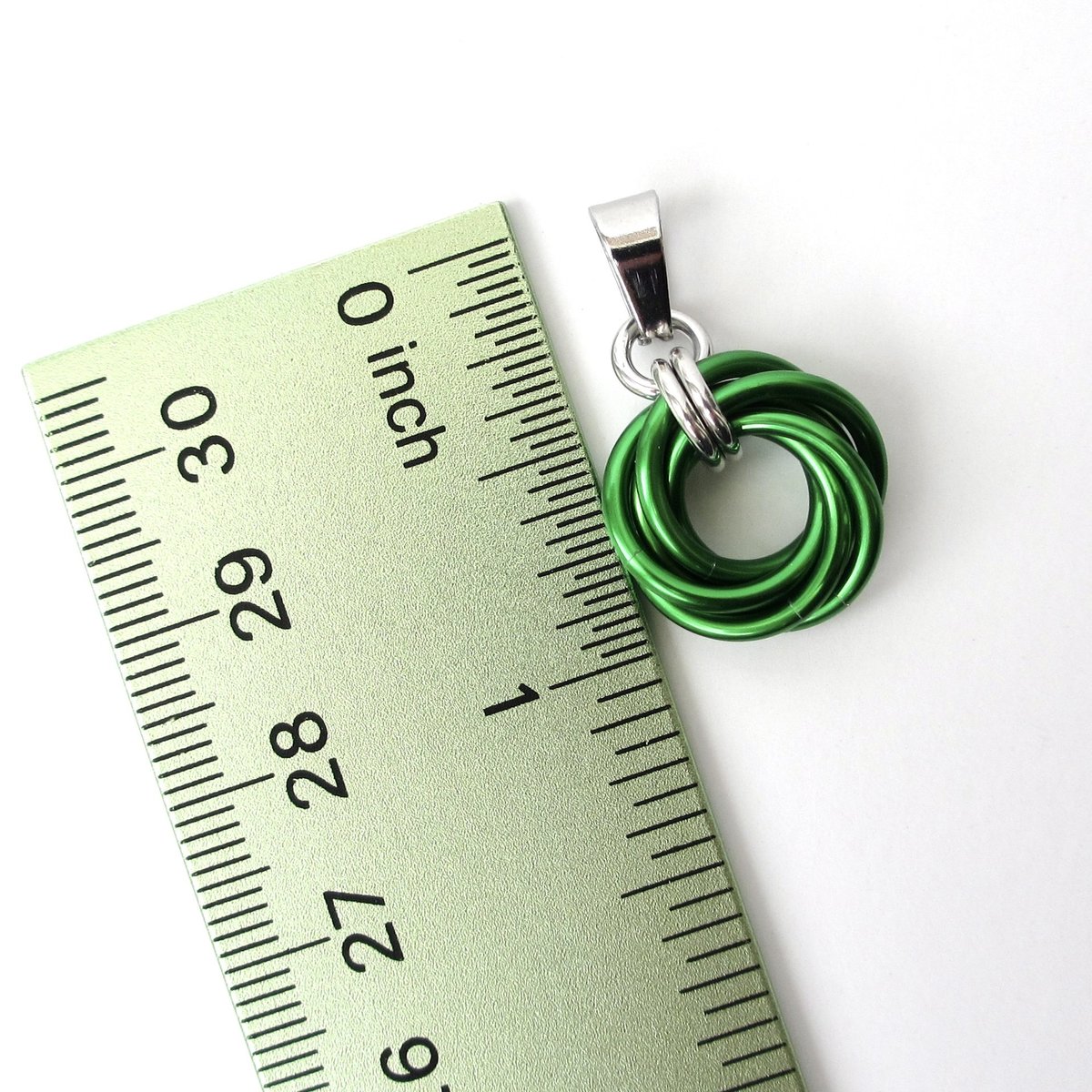 Shamrock green love knot chainmail pendant, small, simple minimalist jewelry for her