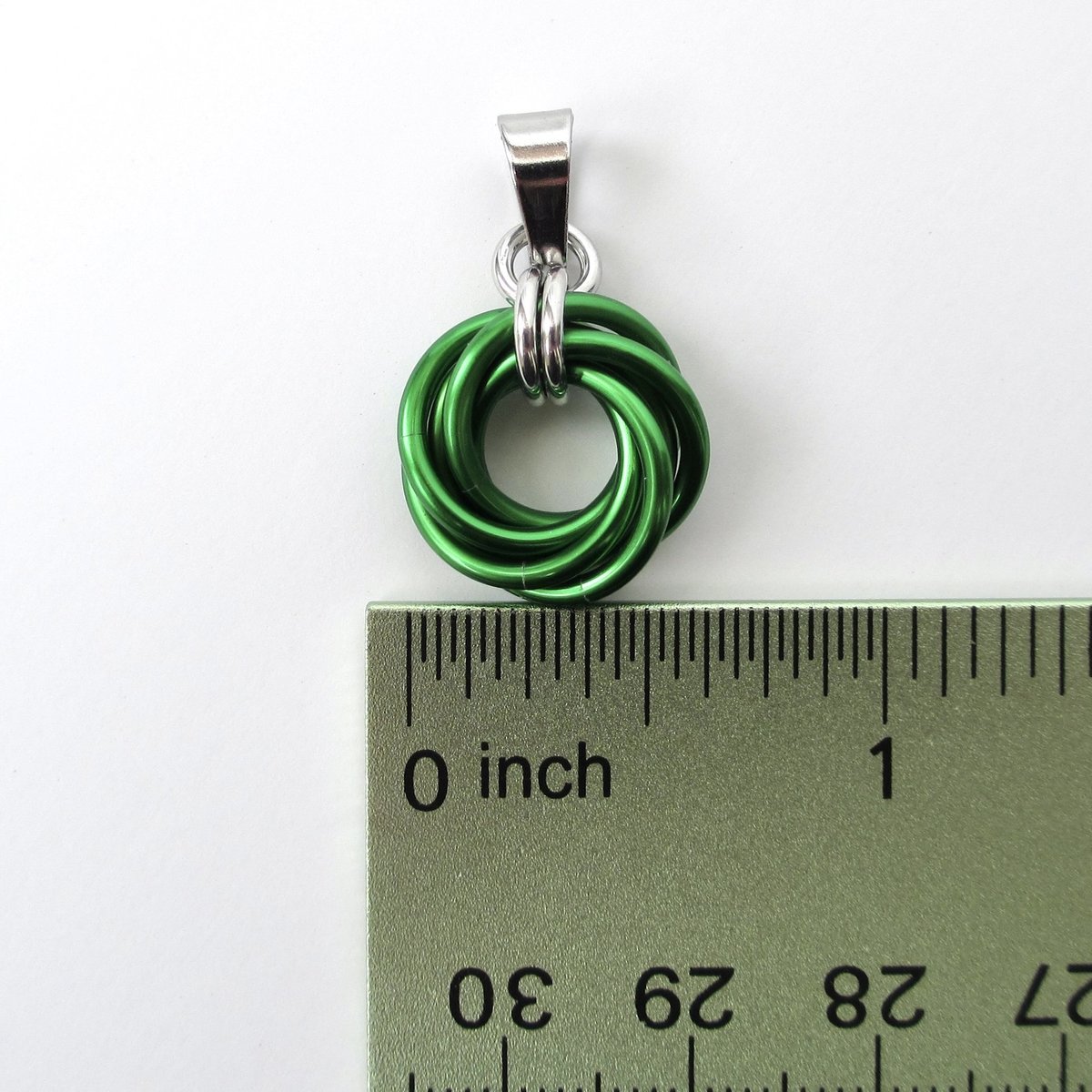 Shamrock green love knot chainmail pendant, small, simple minimalist jewelry for her
