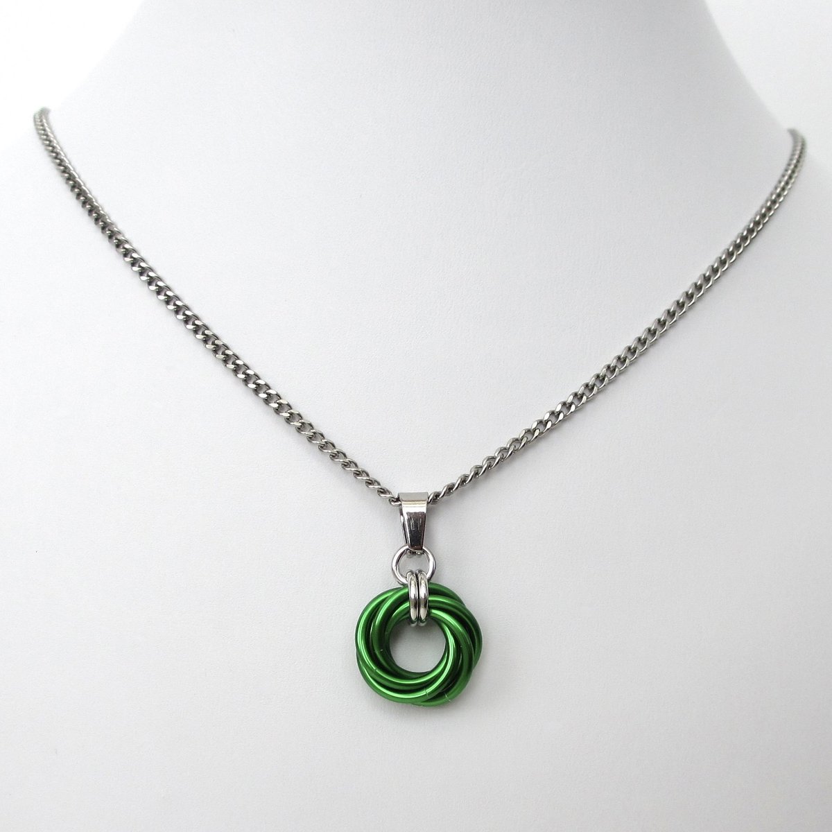 Shamrock green love knot chainmail pendant, small, simple minimalist jewelry for her