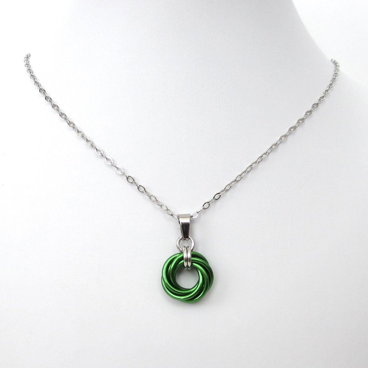 Shamrock green love knot chainmail pendant, small, simple minimalist jewelry for her