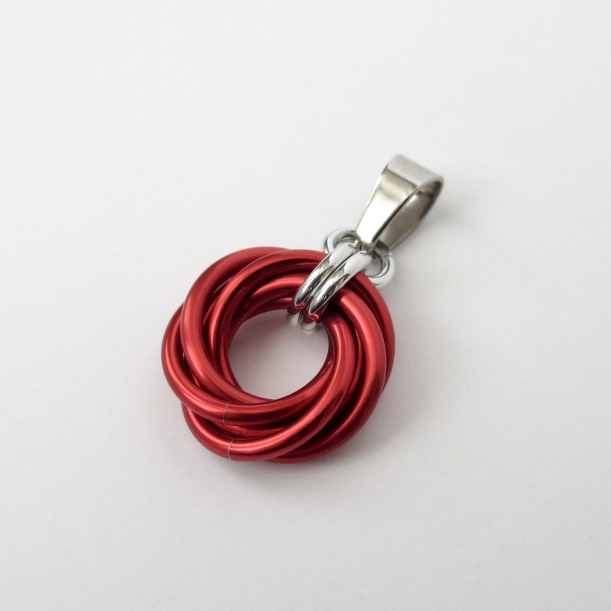 Red pendant necklace, chainmail love knot circle pendant, red chainmail jewelry