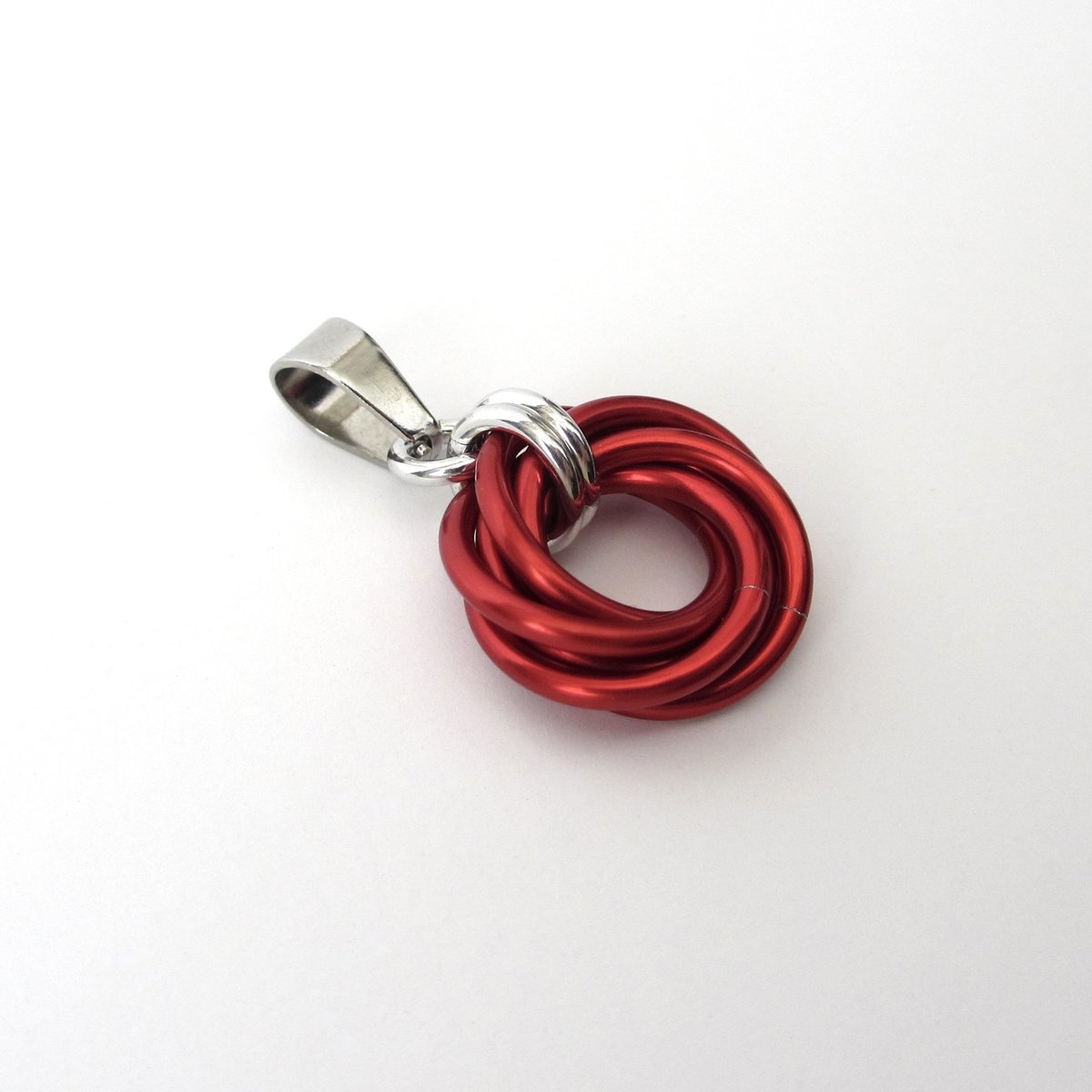 Red pendant necklace, chainmail love knot circle pendant, red chainmail jewelry