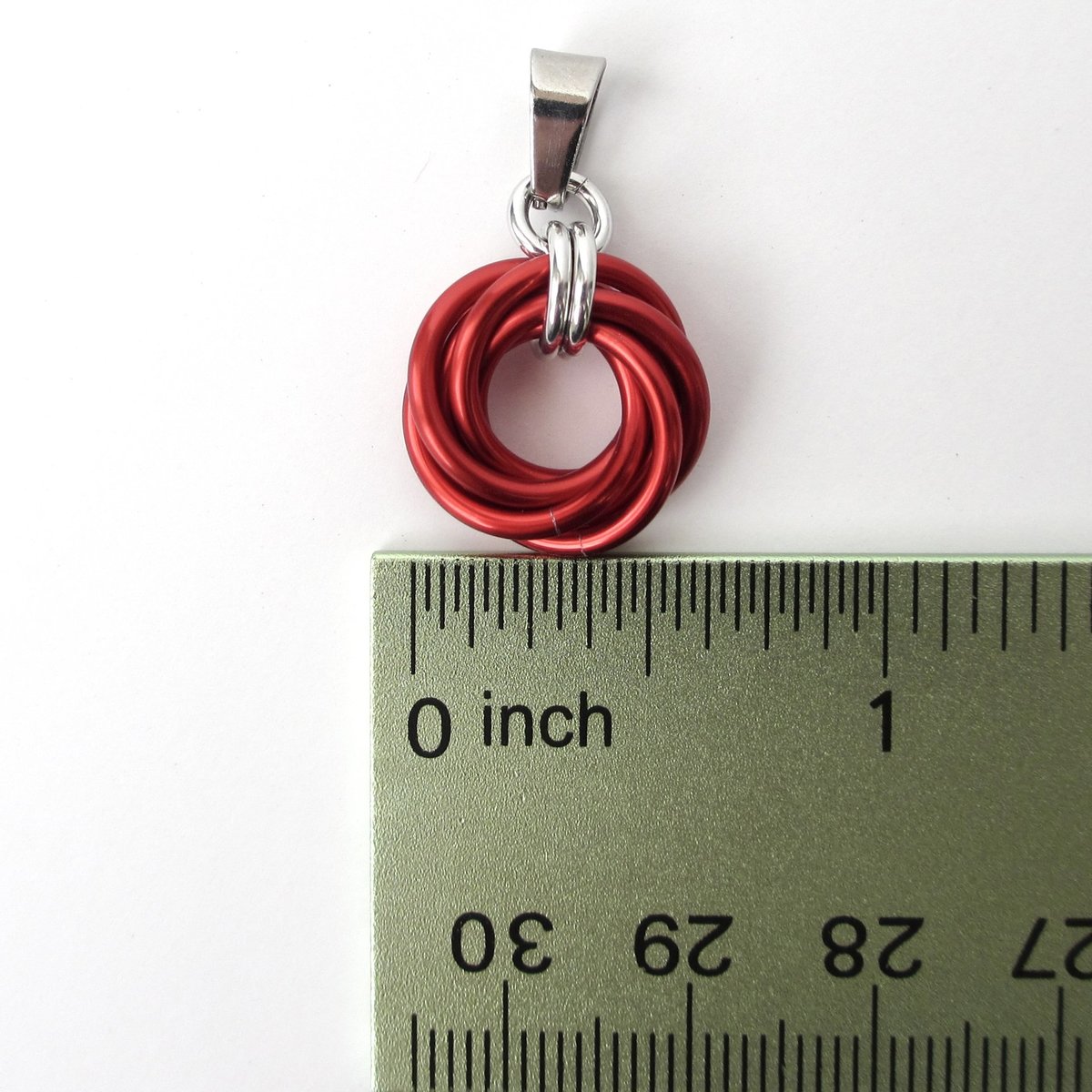 Red pendant necklace, chainmail love knot circle pendant, red chainmail jewelry