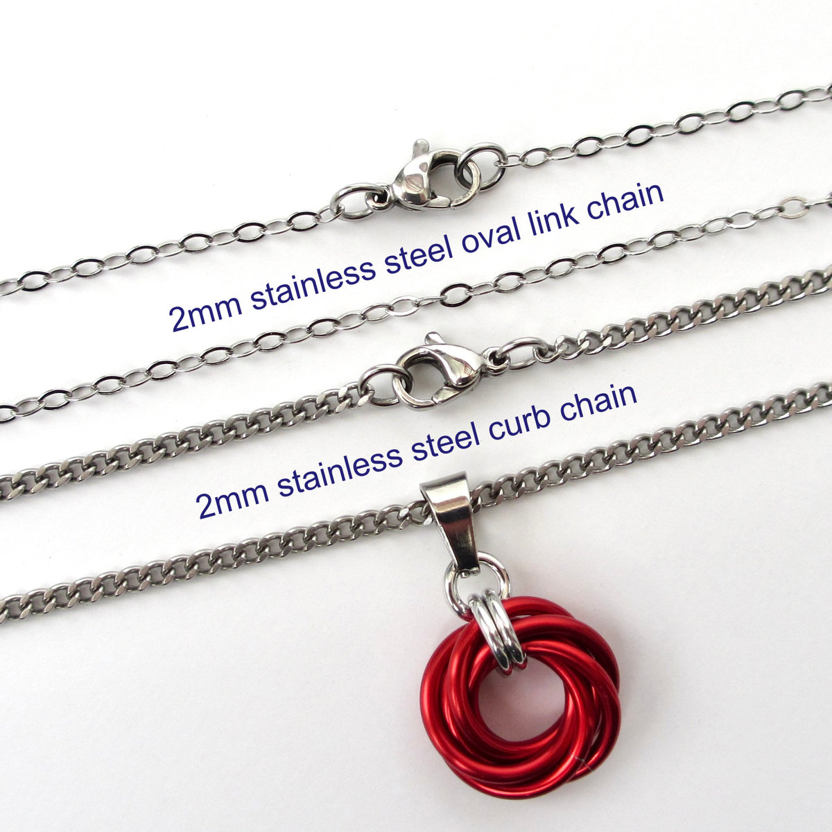 Red pendant necklace, chainmail love knot circle pendant, red chainmail jewelry