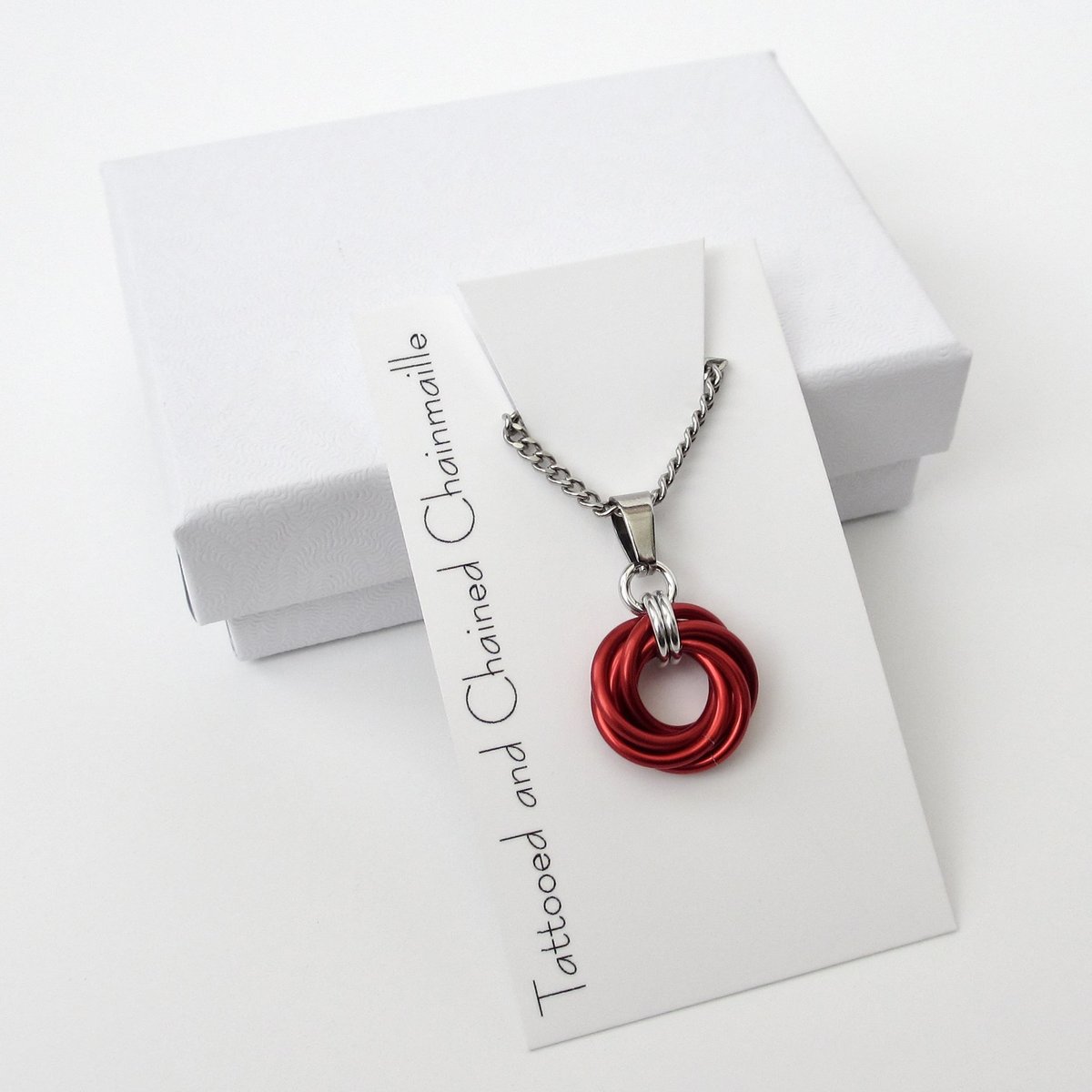 Red pendant necklace, chainmail love knot circle pendant, red chainmail jewelry