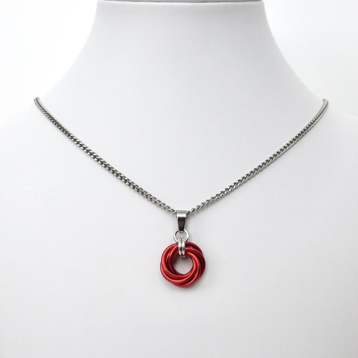 Red pendant necklace, chainmail love knot circle pendant, red chainmail jewelry