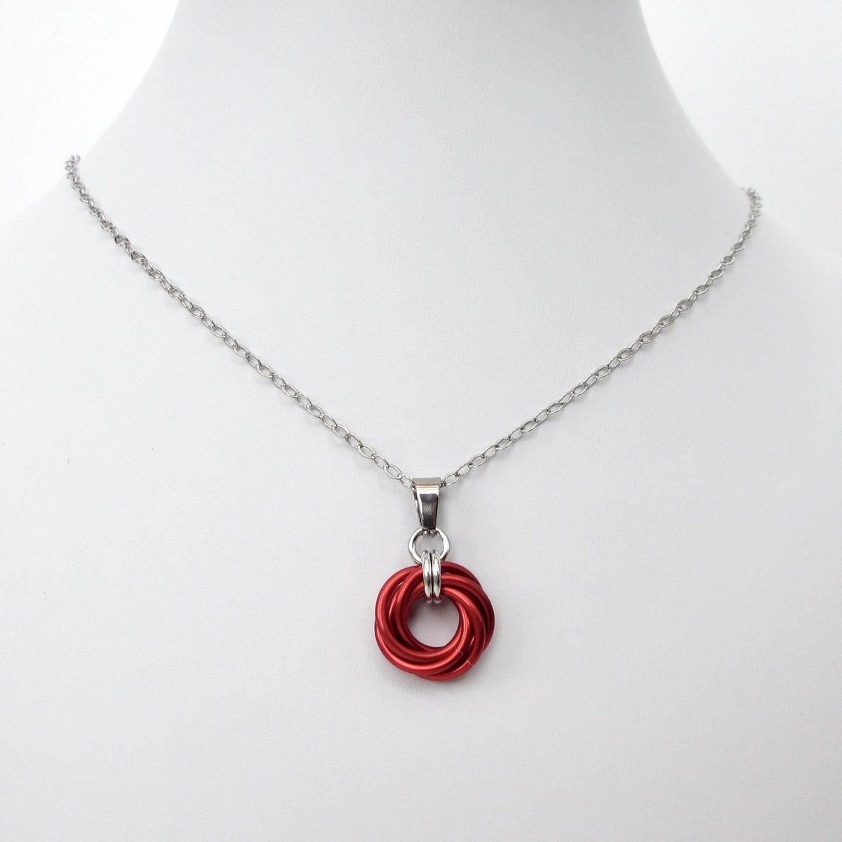 Red pendant necklace, chainmail love knot circle pendant, red chainmail jewelry