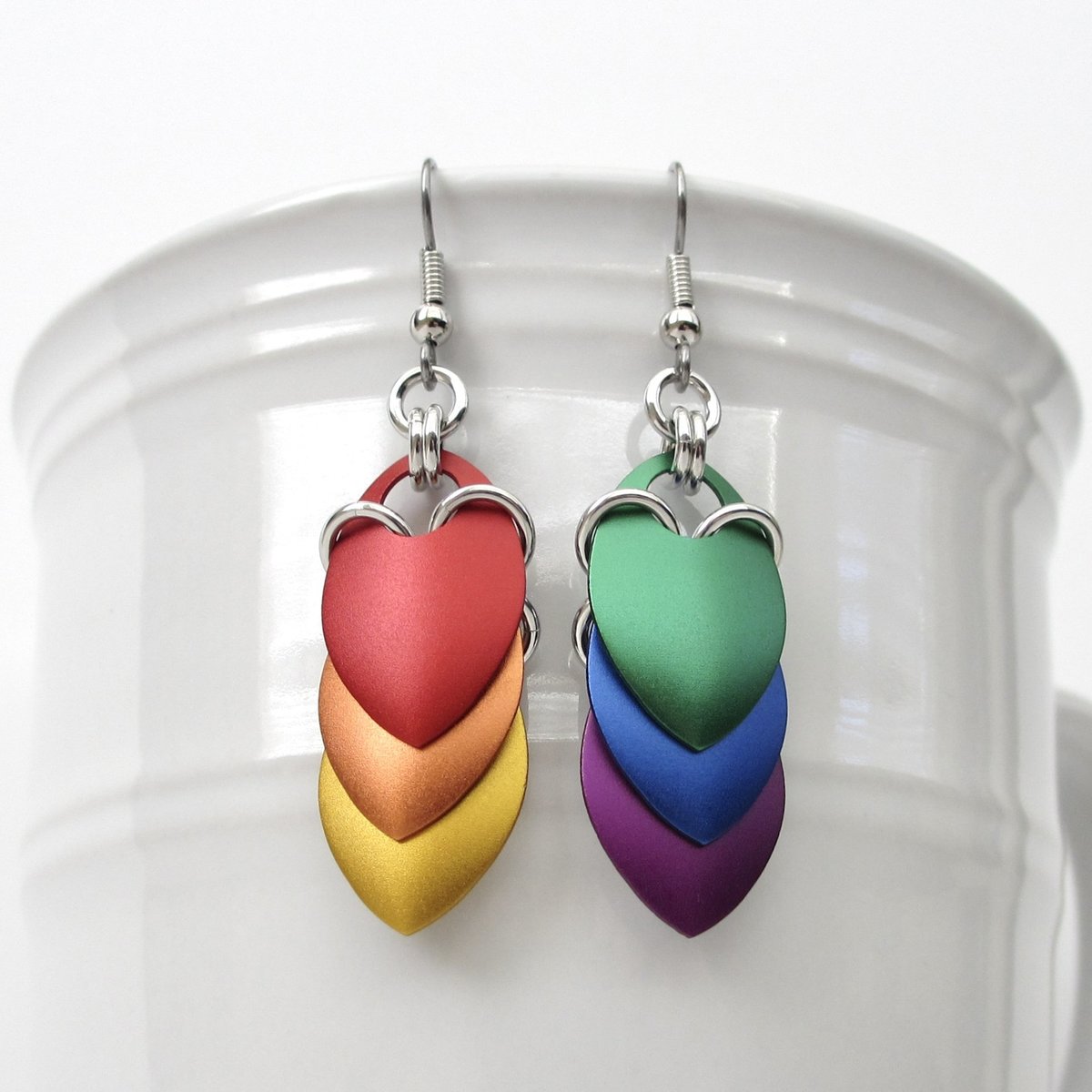 LGBTQ pride earrings, gay pride jewelry, mismatched rainbow chainmail scales earrings