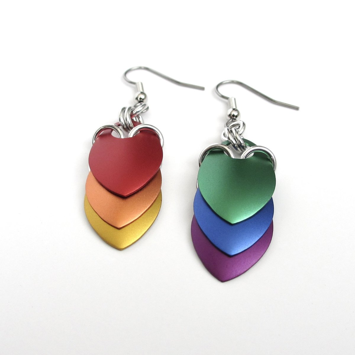 LGBTQ pride earrings, gay pride jewelry, mismatched rainbow chainmail scales earrings