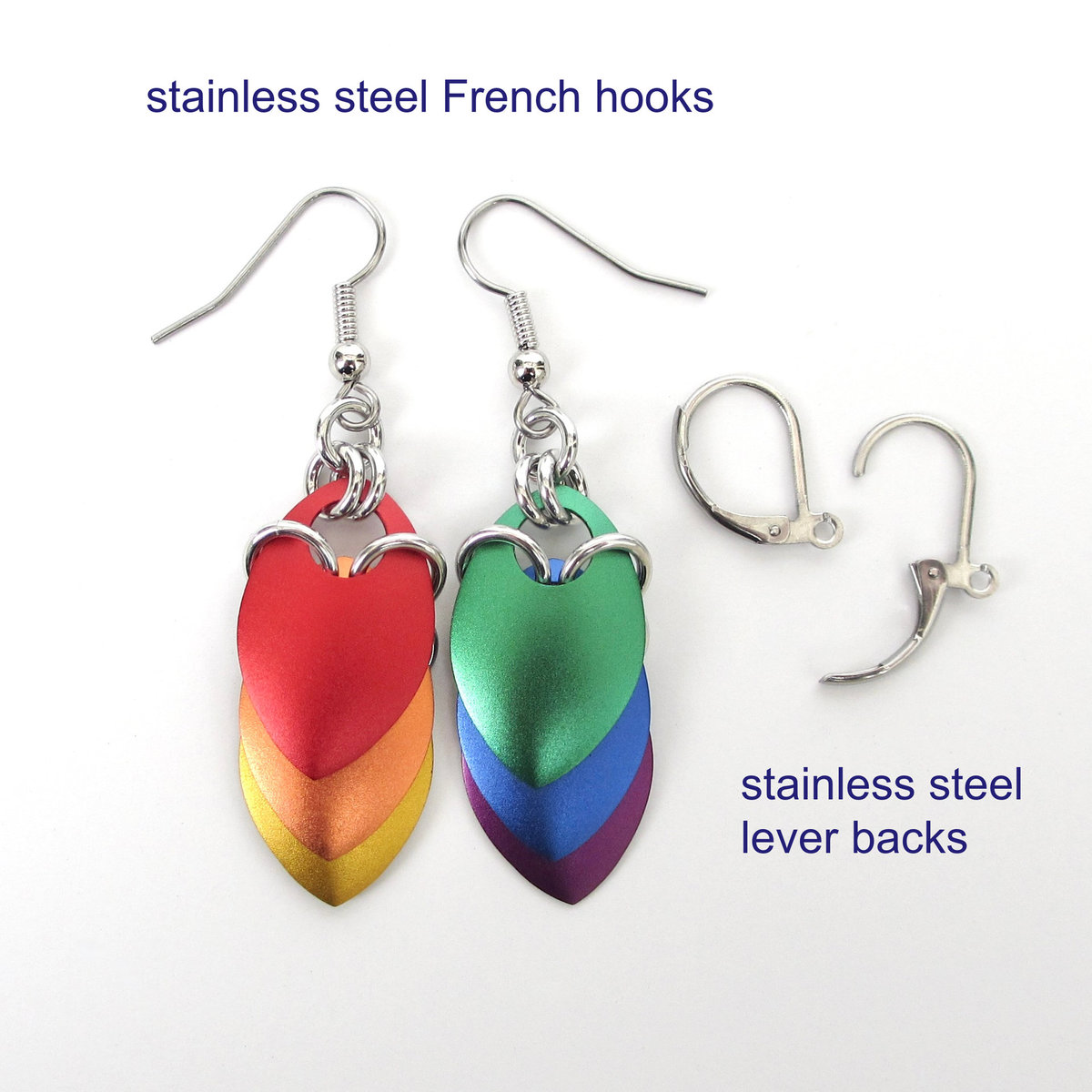 LGBTQ pride earrings, gay pride jewelry, mismatched rainbow chainmail scales earrings