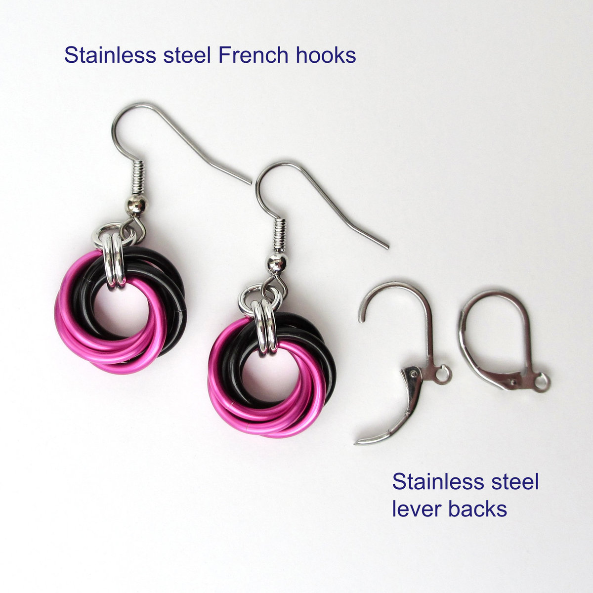 Love knot chainmaille earrings, hot pink and black small circle jewelry