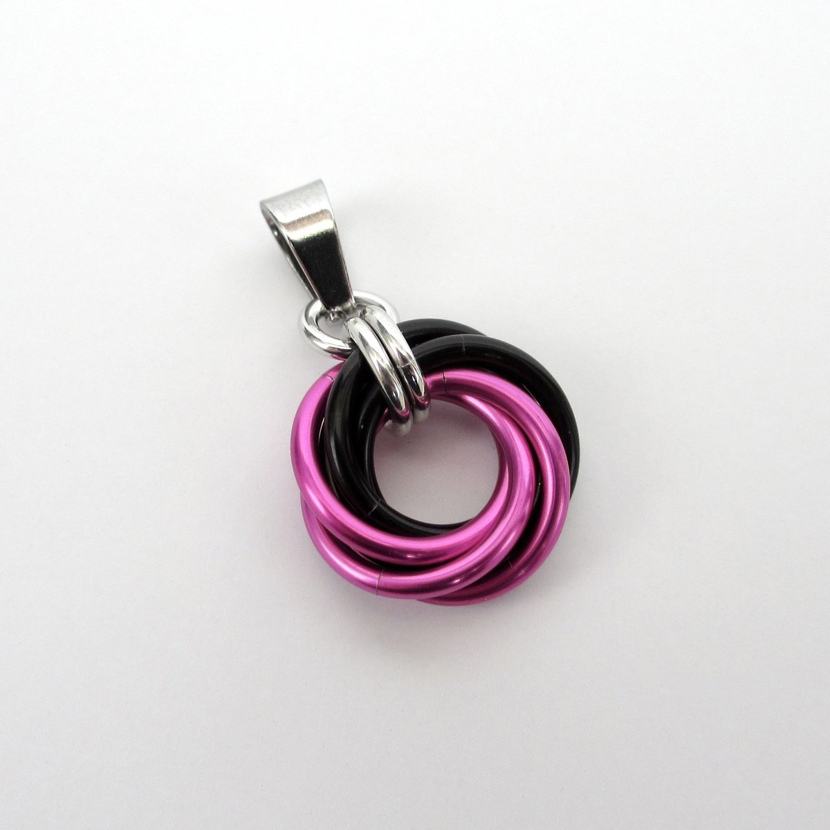 Hot pink and black pendant, chainmail love knot necklace, small, swirled circle minimalist jewelry