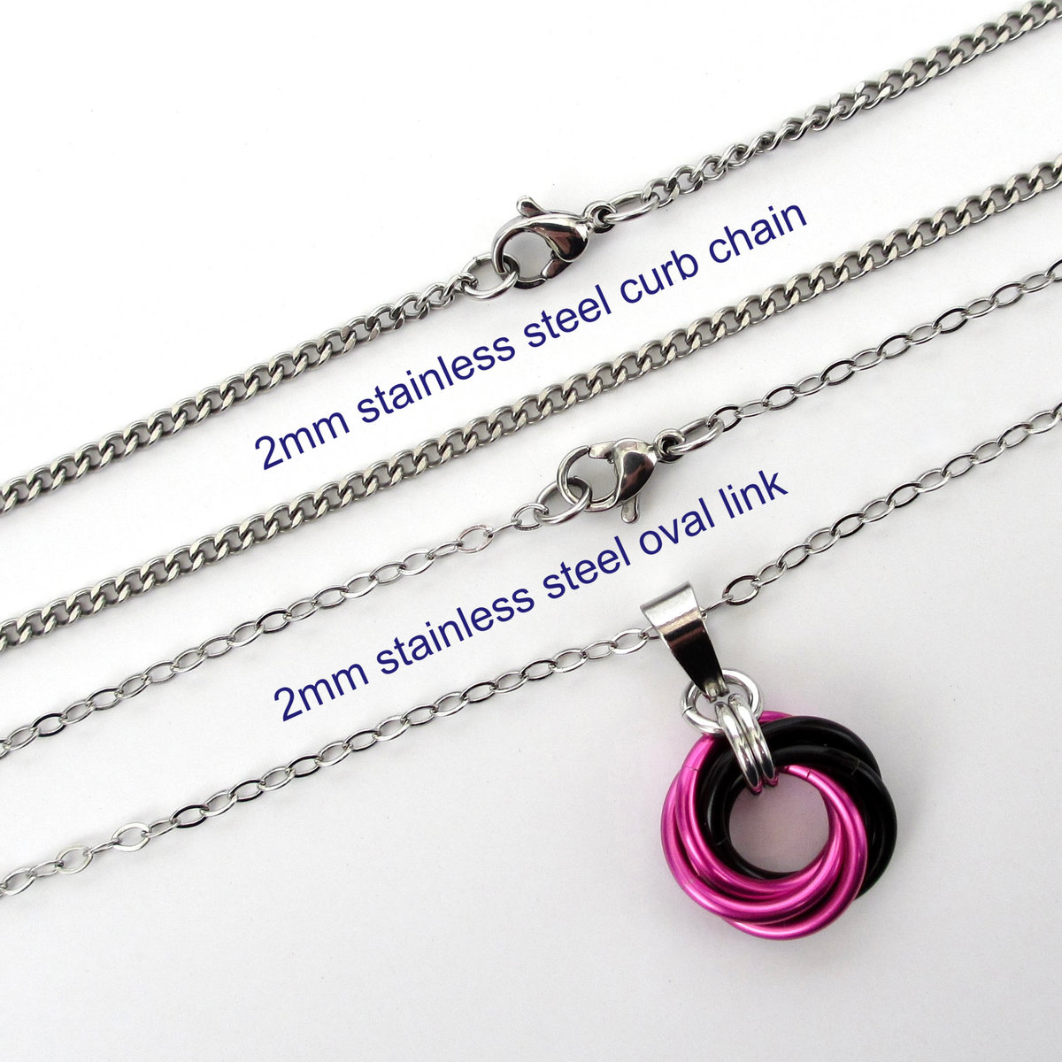Hot pink and black pendant, chainmail love knot necklace, small, swirled circle minimalist jewelry