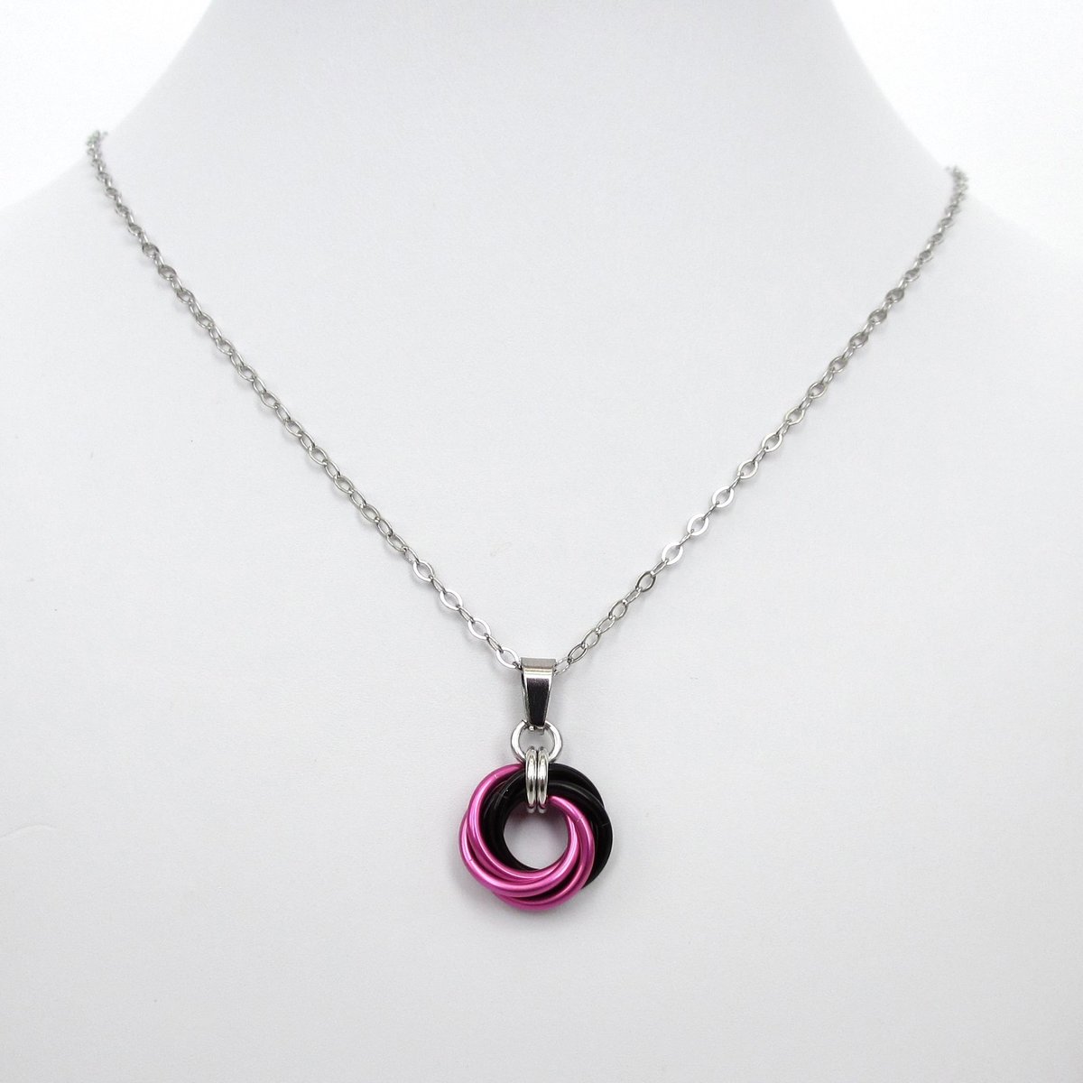 Hot pink and black pendant, chainmail love knot necklace, small, swirled circle minimalist jewelry