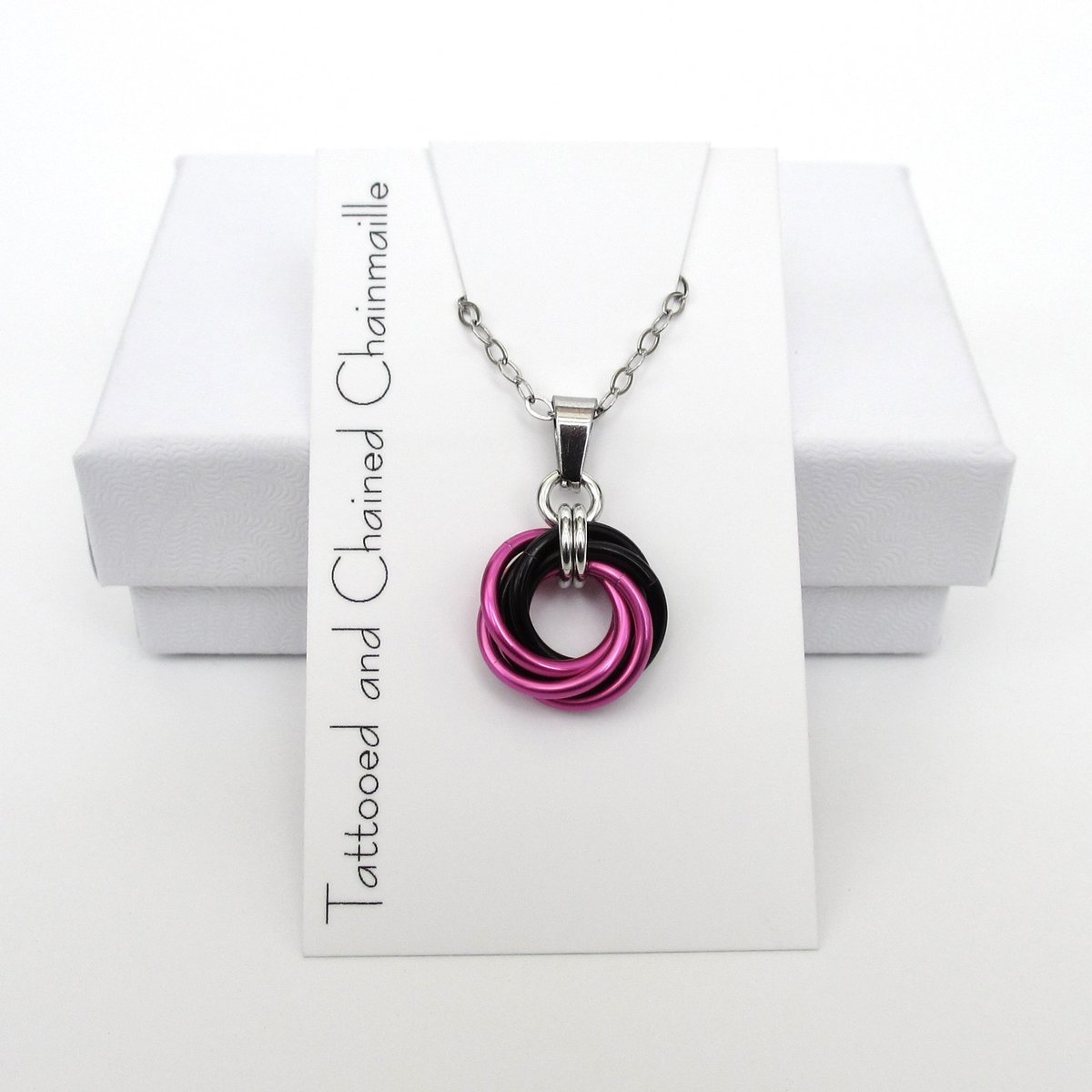 Hot pink and black pendant, chainmail love knot necklace, small, swirled circle minimalist jewelry