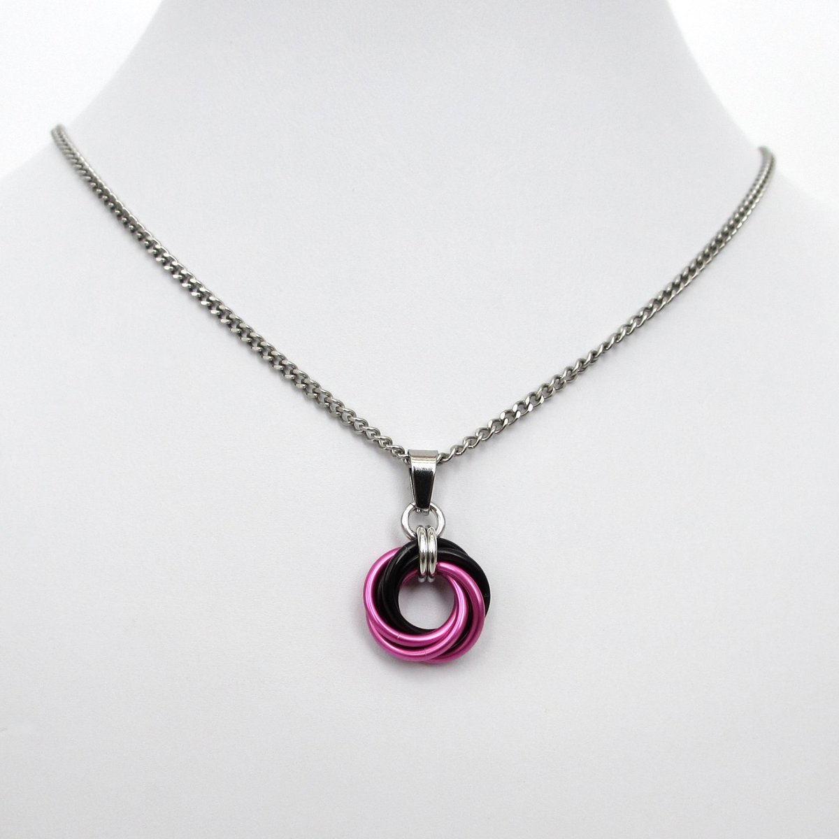 Hot pink and black pendant, chainmail love knot necklace, small, swirled circle minimalist jewelry