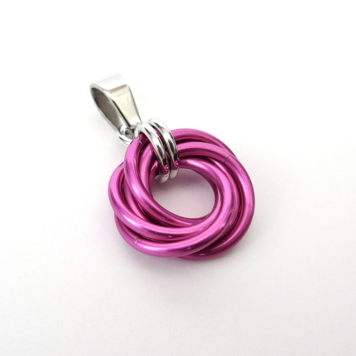 Hot pink pendant necklace, chainmail love knot, dainty pendant, circle pendant, chainmail jewelry