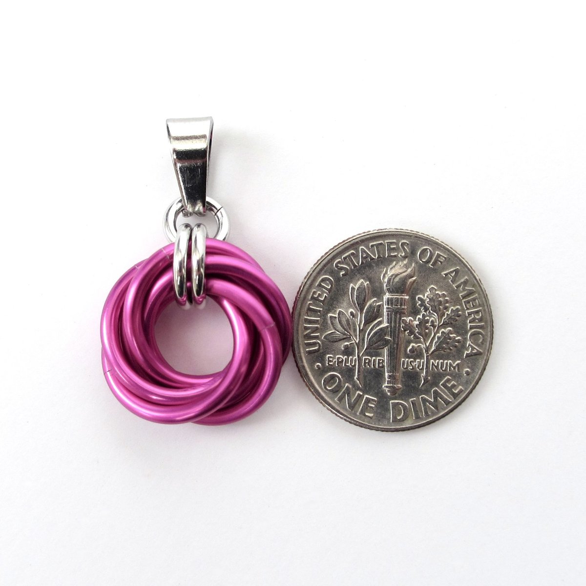 Hot pink pendant necklace, chainmail love knot, dainty pendant, circle pendant, chainmail jewelry