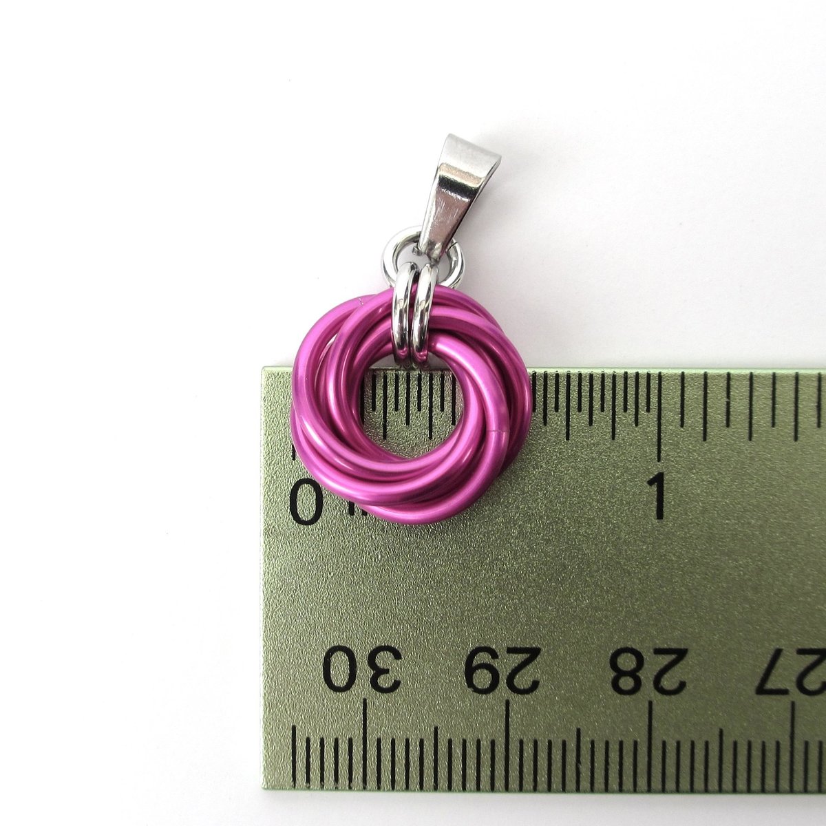 Hot pink pendant necklace, chainmail love knot, dainty pendant, circle pendant, chainmail jewelry