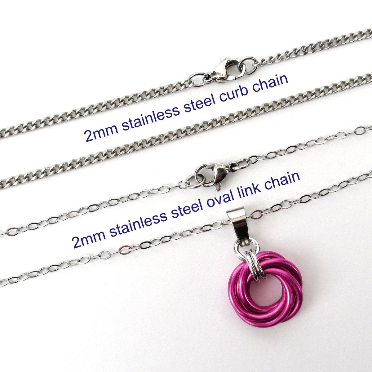 Hot pink pendant necklace, chainmail love knot, dainty pendant, circle pendant, chainmail jewelry