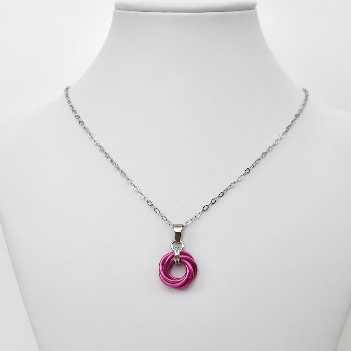 Hot pink pendant necklace, chainmail love knot, dainty pendant, circle pendant, chainmail jewelry