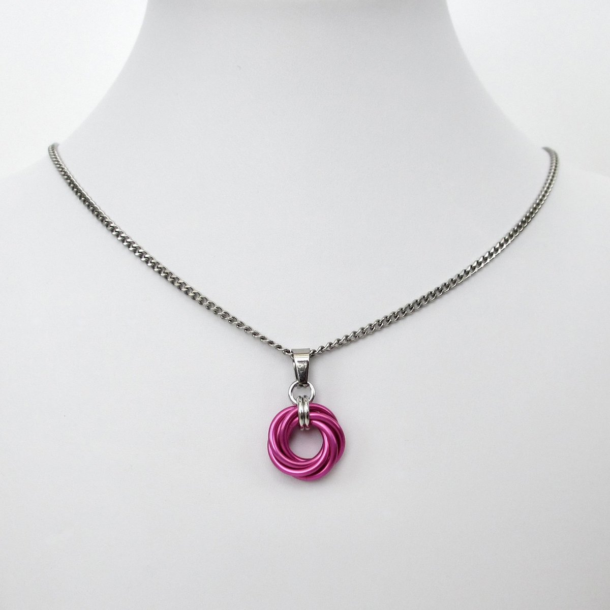 Hot pink pendant necklace, chainmail love knot, dainty pendant, circle pendant, chainmail jewelry