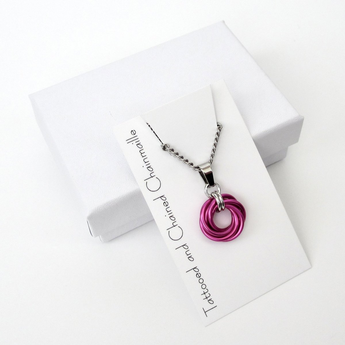Hot pink pendant necklace, chainmail love knot, dainty pendant, circle pendant, chainmail jewelry