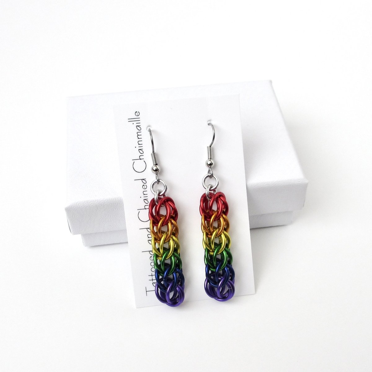 LGBTQ pride earrings, rainbow chainmail gay pride jewelry, Full Persian chainmail weave