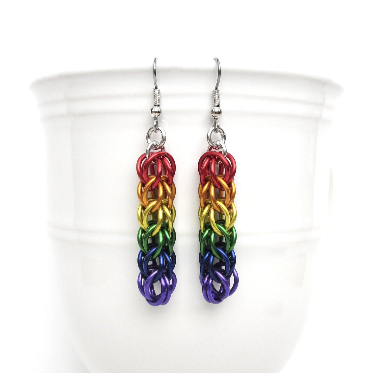LGBTQ pride earrings, rainbow chainmail gay pride jewelry, Full Persian chainmail weave