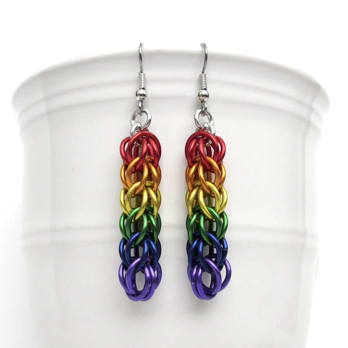 LGBTQ pride earrings, rainbow chainmail gay pride jewelry, Full Persian chainmail weave