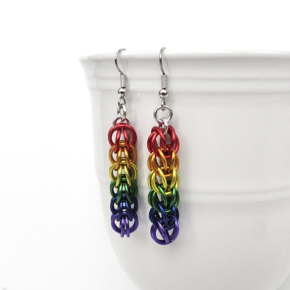 LGBTQ pride earrings, rainbow chainmail gay pride jewelry, Full Persian chainmail weave