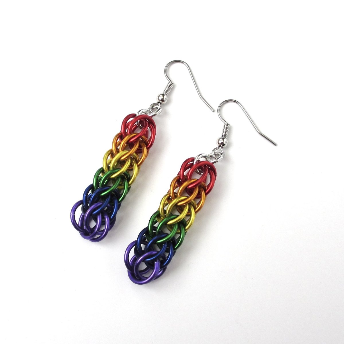 LGBTQ pride earrings, rainbow chainmail gay pride jewelry, Full Persian chainmail weave