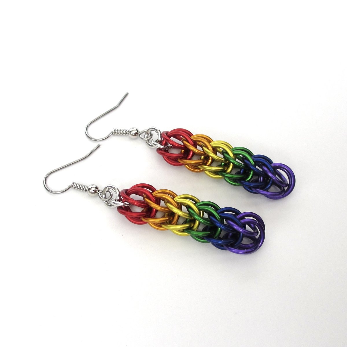 LGBTQ pride earrings, rainbow chainmail gay pride jewelry, Full Persian chainmail weave