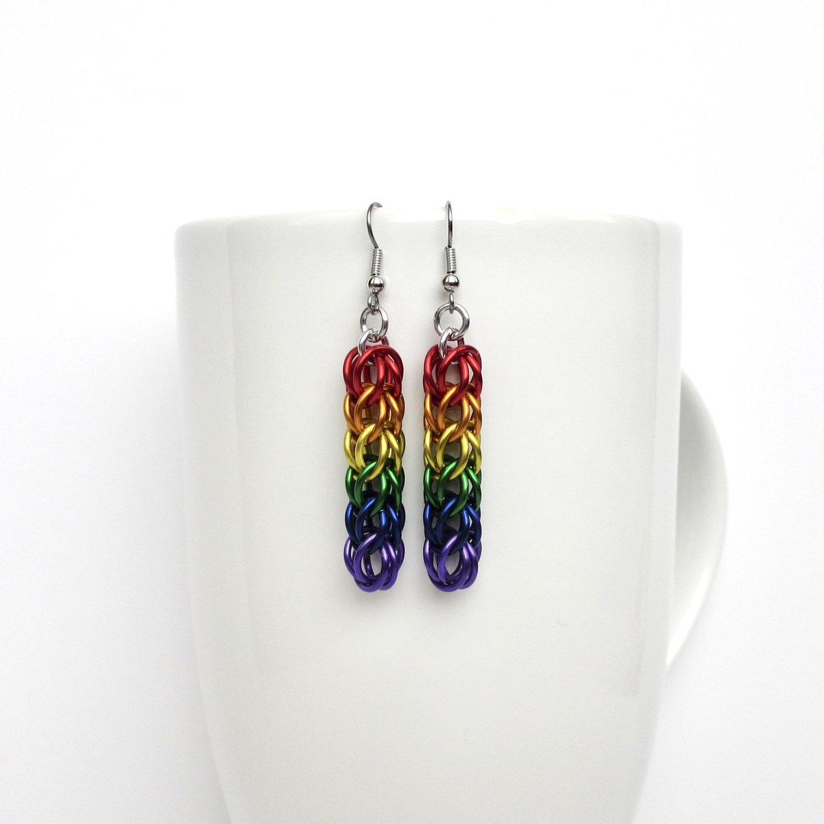 LGBTQ pride earrings, rainbow chainmail gay pride jewelry, Full Persian chainmail weave