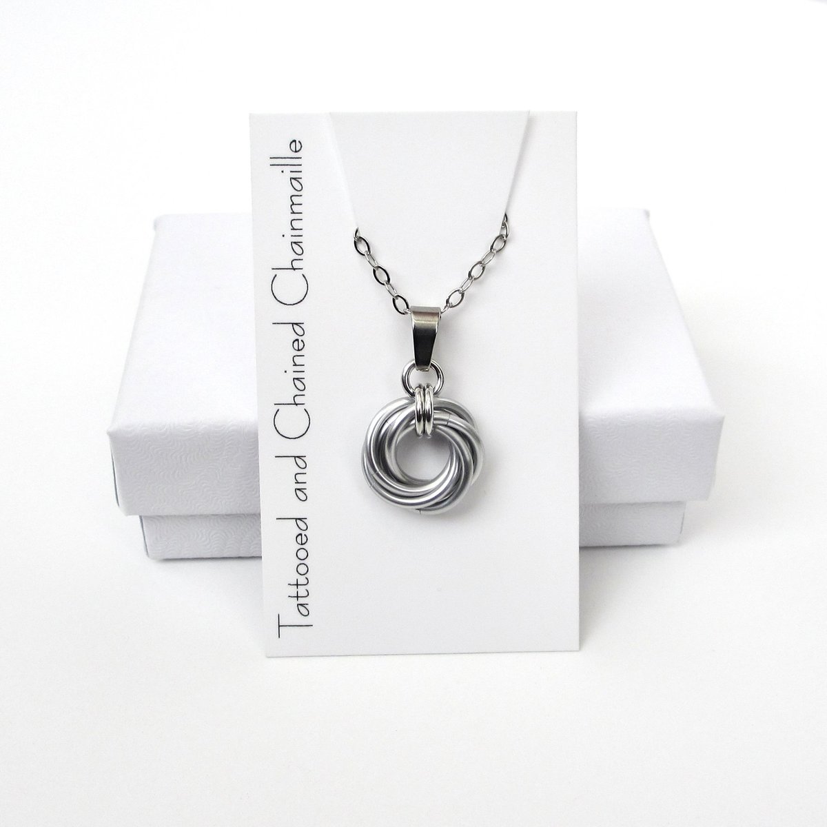 Silver Love Knot chainmail pendant necklace, circle pendant