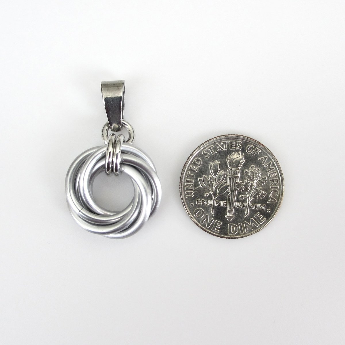 Silver Love Knot chainmail pendant necklace, circle pendant