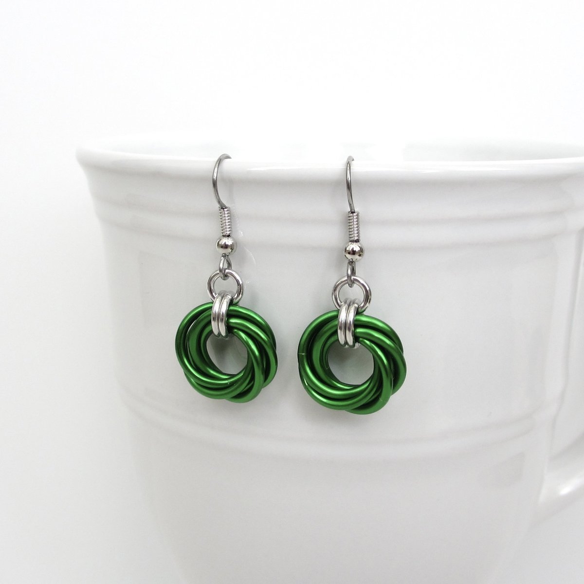 Shamrock green earrings, chainmaille love knot jewelry, minimalist style