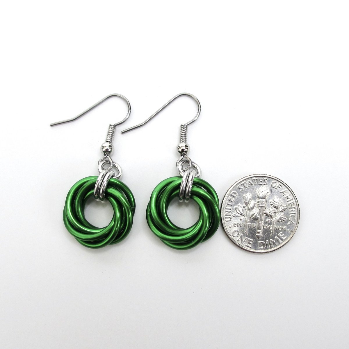 Shamrock green earrings, chainmaille love knot jewelry, minimalist style