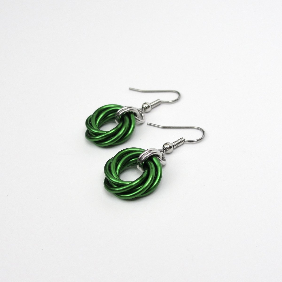 Shamrock green earrings, chainmaille love knot jewelry, minimalist style