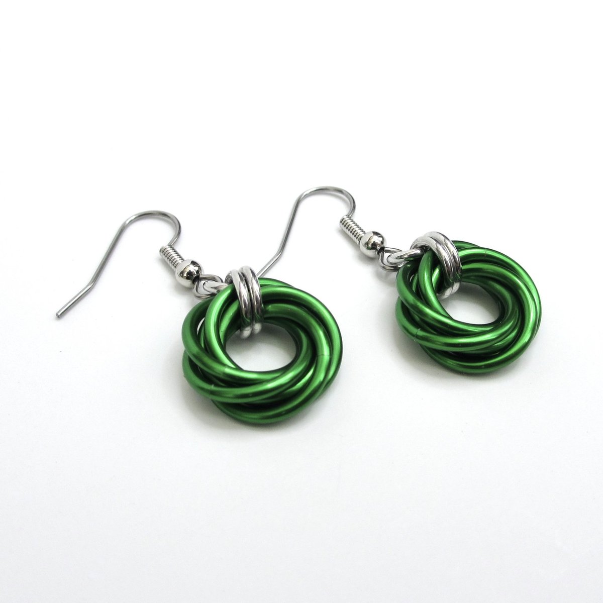 Shamrock green earrings, chainmaille love knot jewelry, minimalist style