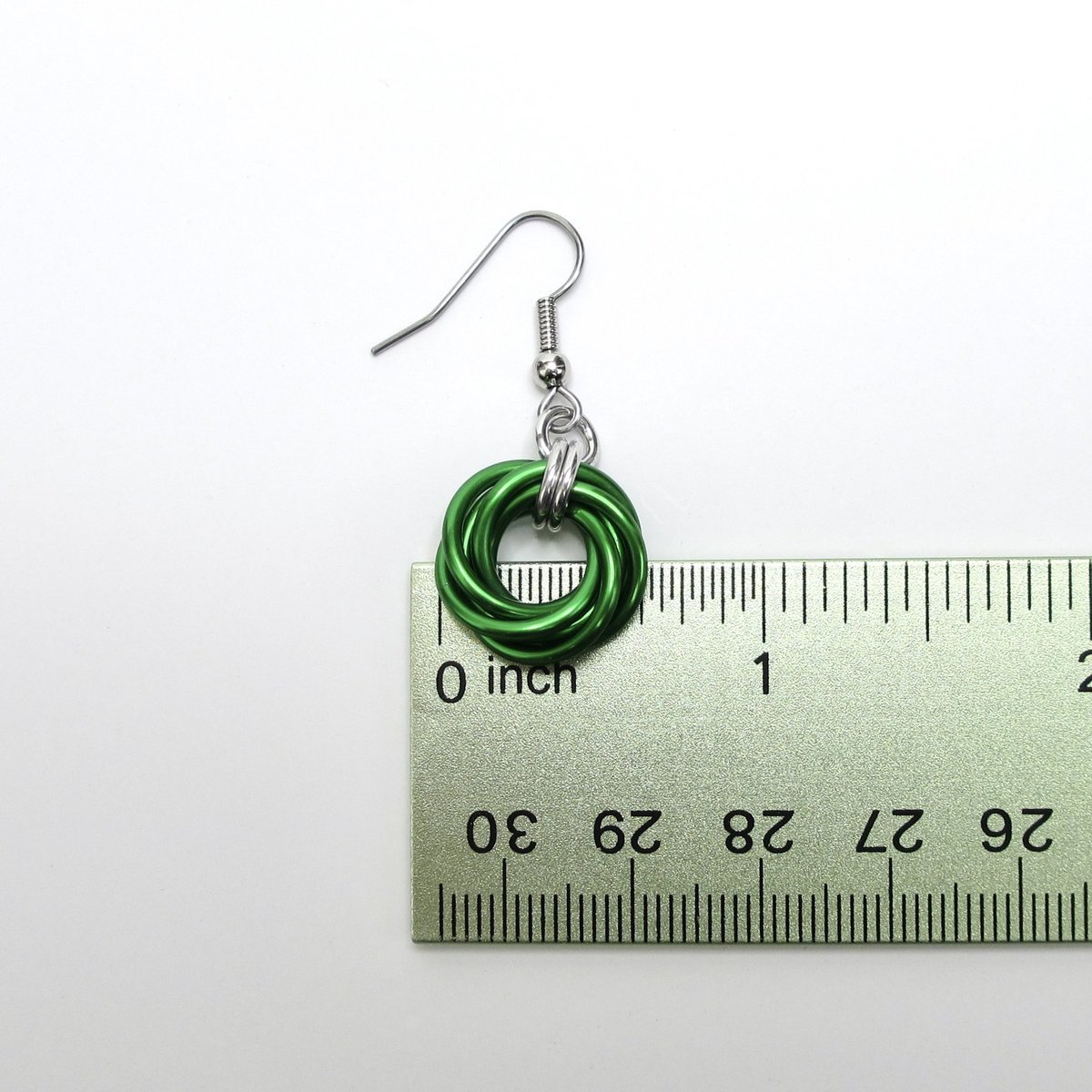 Shamrock green earrings, chainmaille love knot jewelry, minimalist style