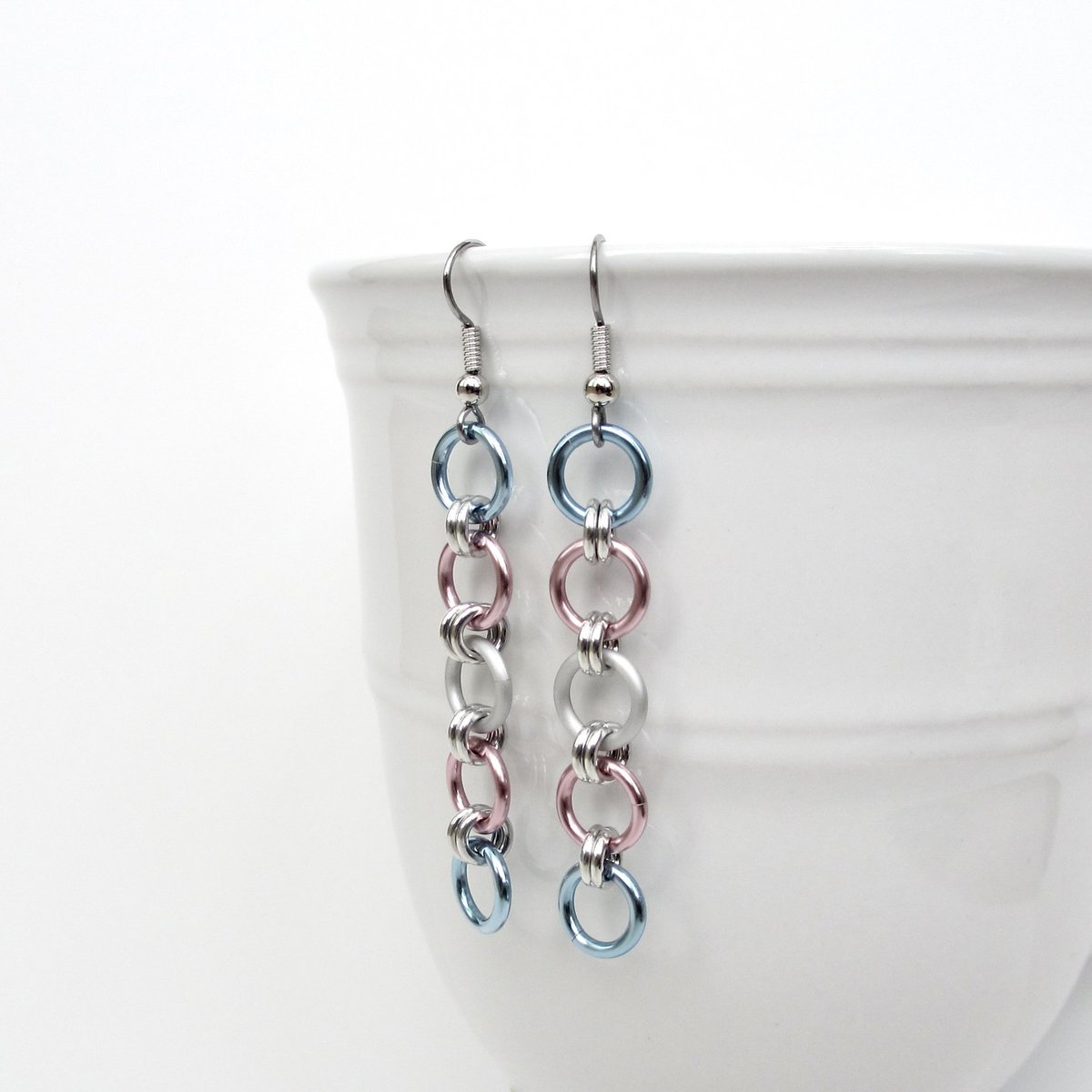 Trans pride flag earrings, simple LGBTQ chainmail jewelry