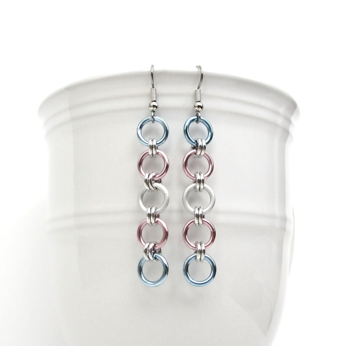 Trans pride flag earrings, simple LGBTQ chainmail jewelry