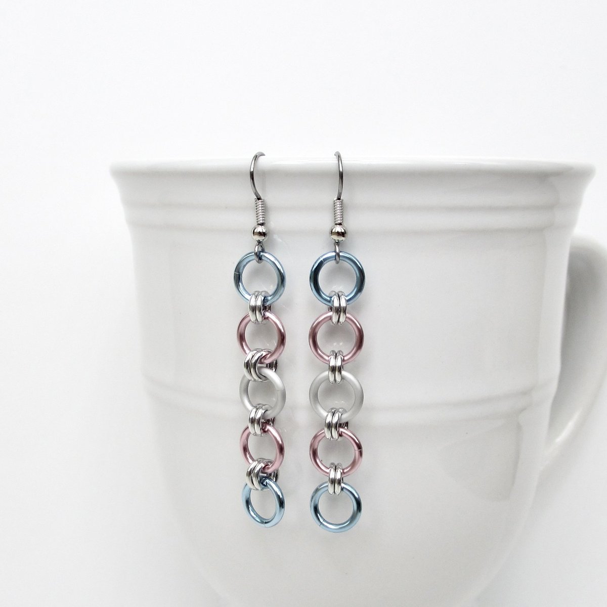 Trans pride flag earrings, simple LGBTQ chainmail jewelry