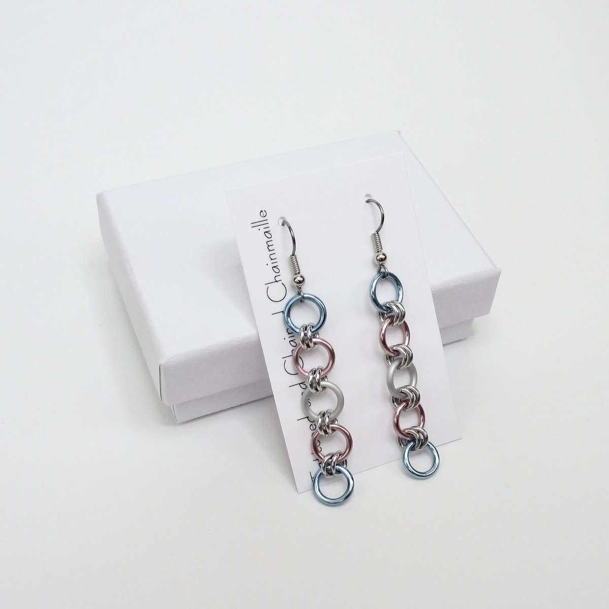 Trans pride flag earrings, simple LGBTQ chainmail jewelry