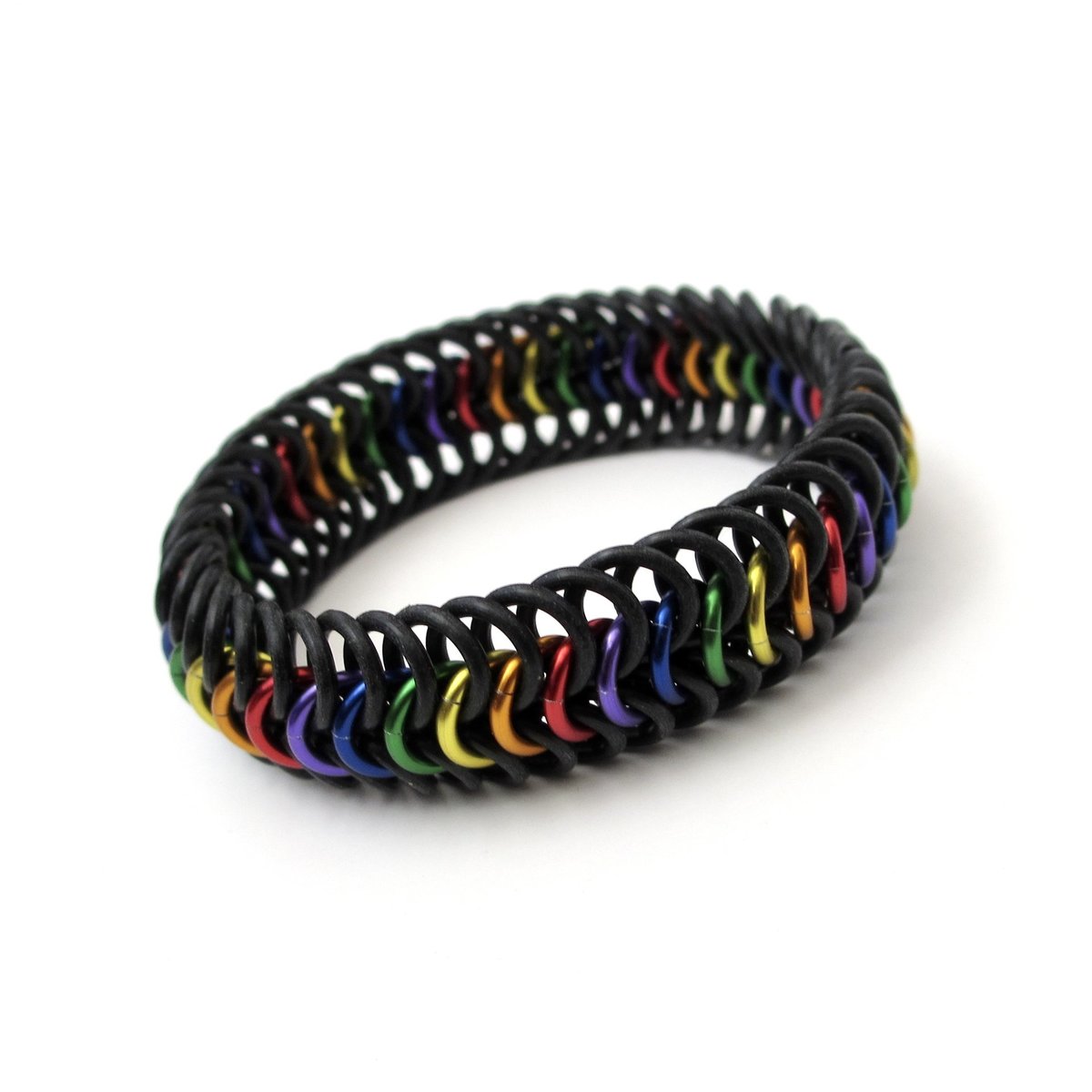 Stretchy chainmail bracelet, rainbow gay pride jewelry, Euro 6 in 1 weave